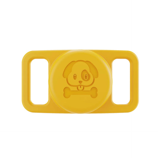 Yellow Pawfetchers waterproof AirTag holder for dog collars